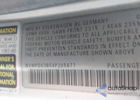 2004 Volkswagen Passat Gls z USA, uszkodzony, nr VIN WVWPD63B54P205877